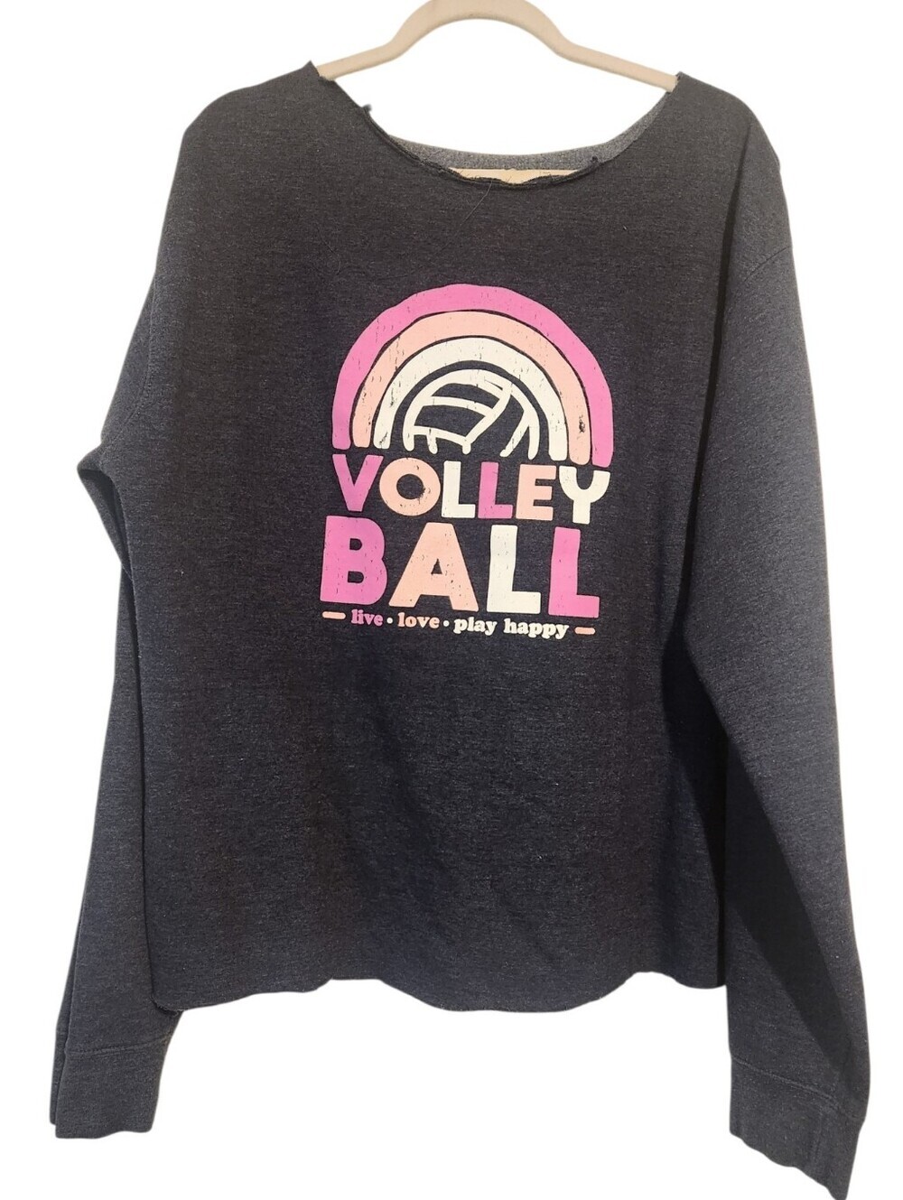 Women's Off the Shoulder Gray & Pink Graphic Volleyball Sweatshirt (Size Large)
